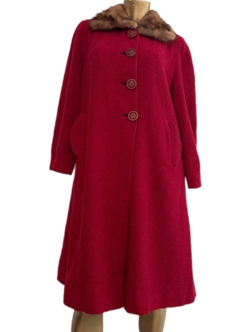 Vintage Beverly Pottsville Swing Red Coat with Real Fur Collar 42β bust
